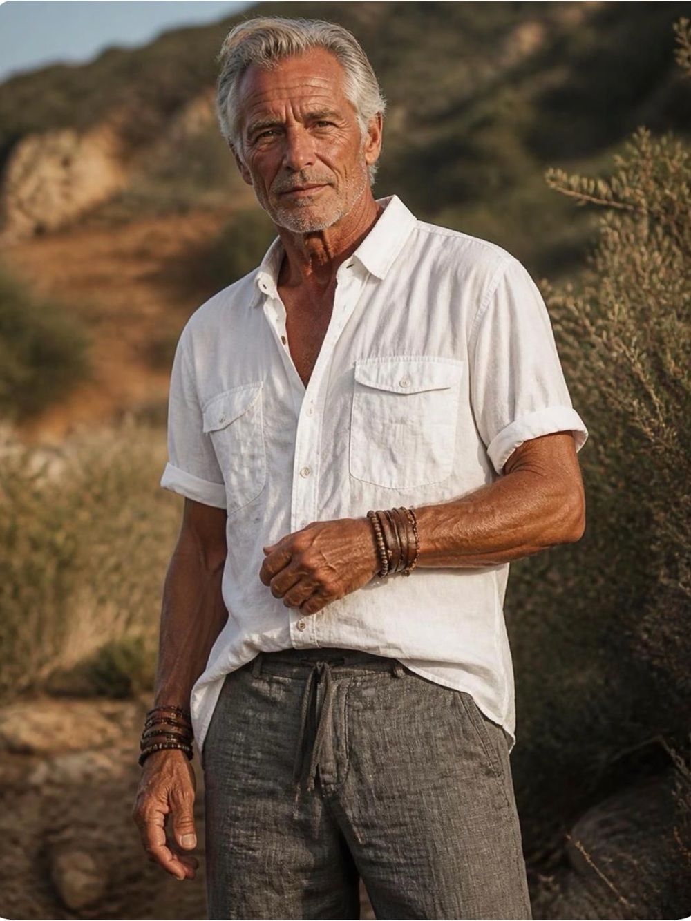 Men's White Casual Button-Down Shirt with Chest Pockets